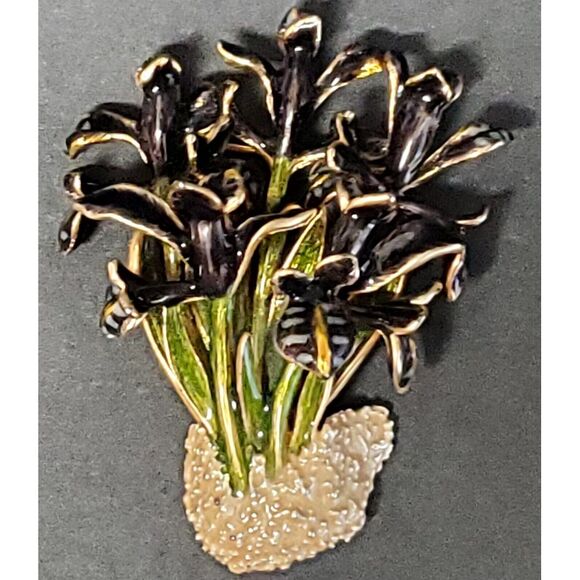 VTG Brooch Enamel Cloisonne Iris Flower Sign World Wide Imports MCM Blk/Grn Pin - Picture 1 of 14